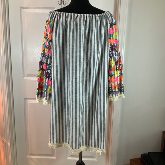 Philosophy Embroidered Linen Blend Boho Peasant Stripe Dress Size Large - Picture 5 of 8